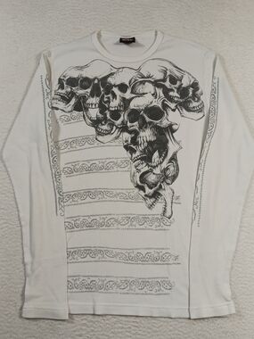 MMA Elite Shirt Mens Medium White Waffle Knit Thermal Skull Pile Y2K